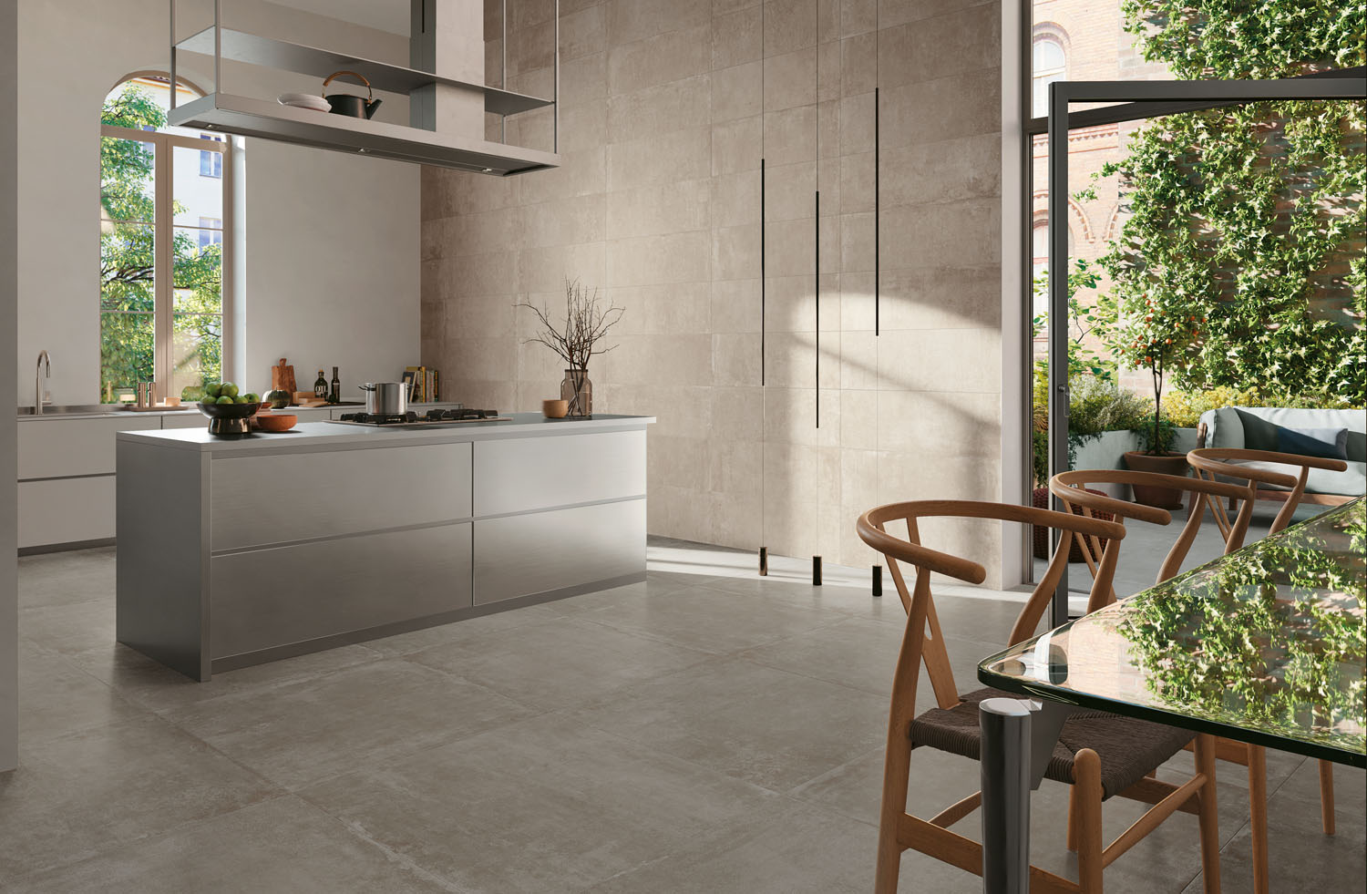 Cuisine Minimaliste avec carrelage gris grand format Teranga Greige 80x80 & Ivoire 30x90