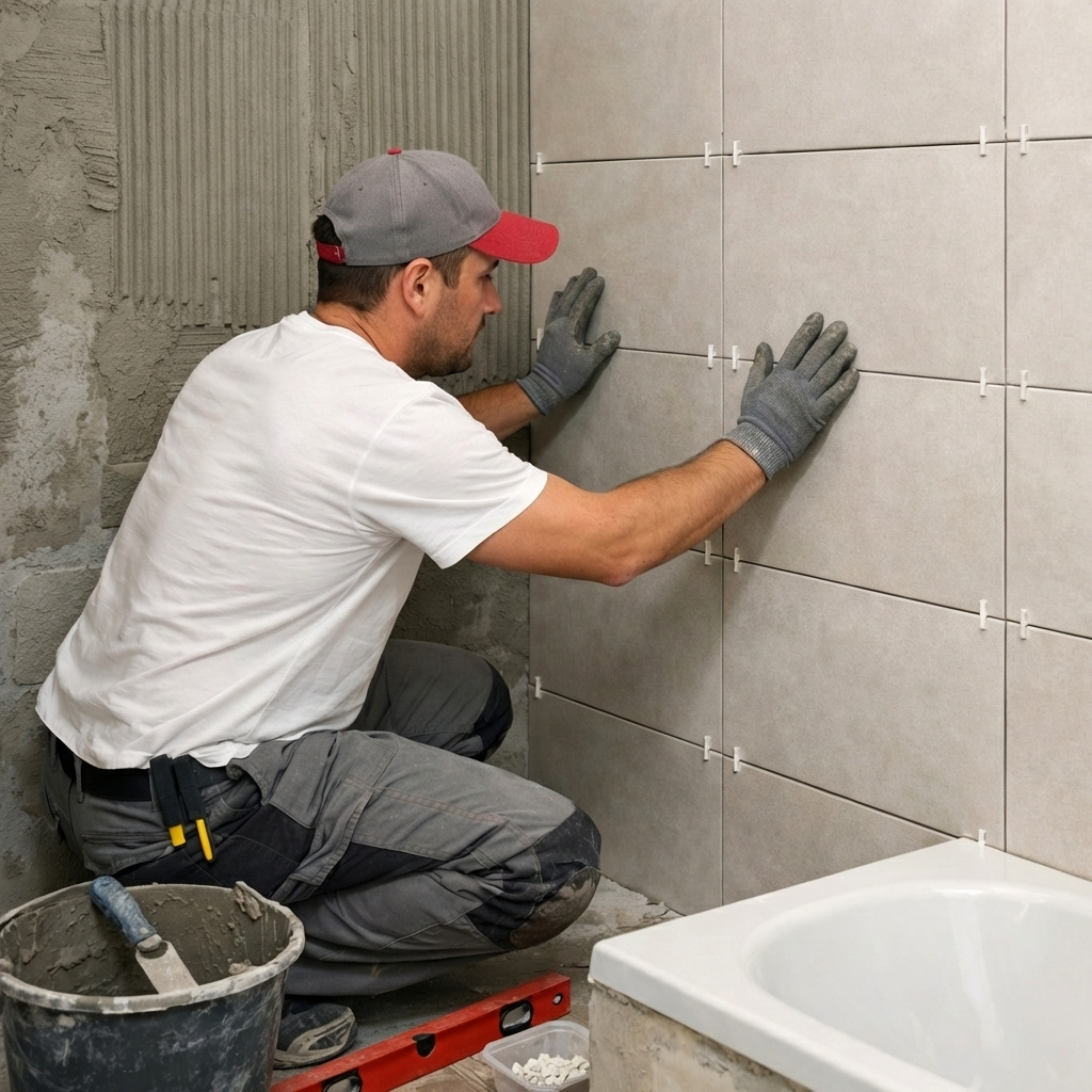 Pose de carrelage mural dans la salle de bain