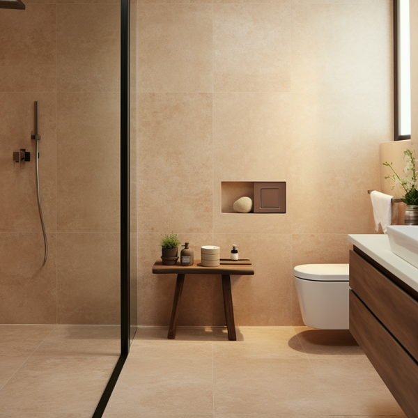 Salle d'eau avec toilettes avec revêtement en carrelage aspect pierre