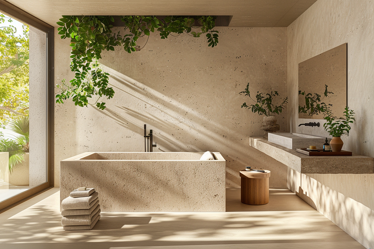 salle de bain minimaliste avec beignoire en pierre et plantes vertes