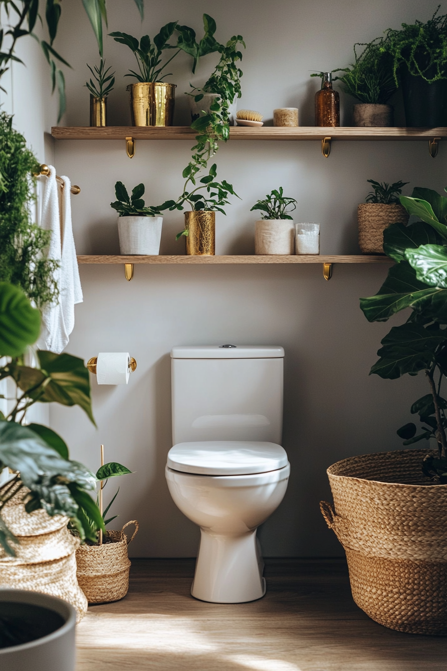 Exemple de WC avec aménagement étagères et décoration