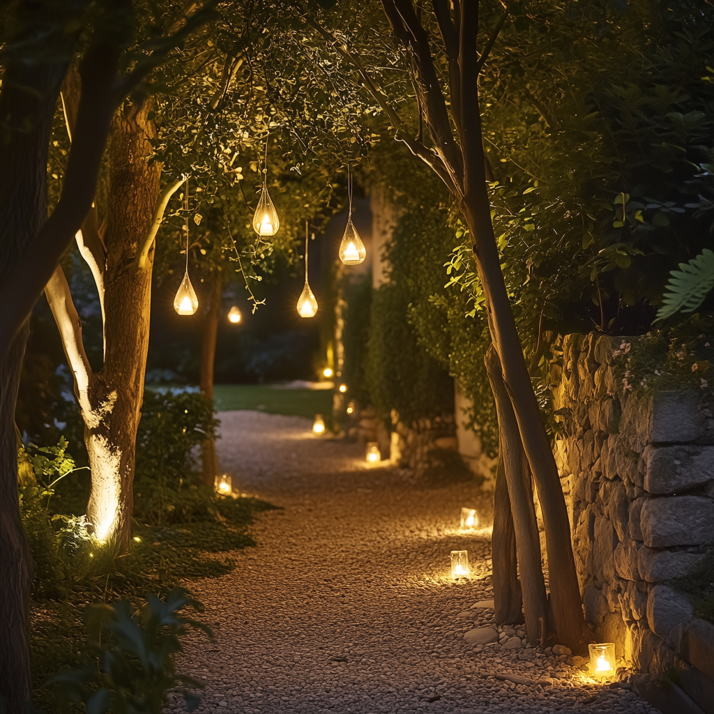 Aménagement extérieur 2025 Un jardin illumine par des guirlandes lumineuses suspendues