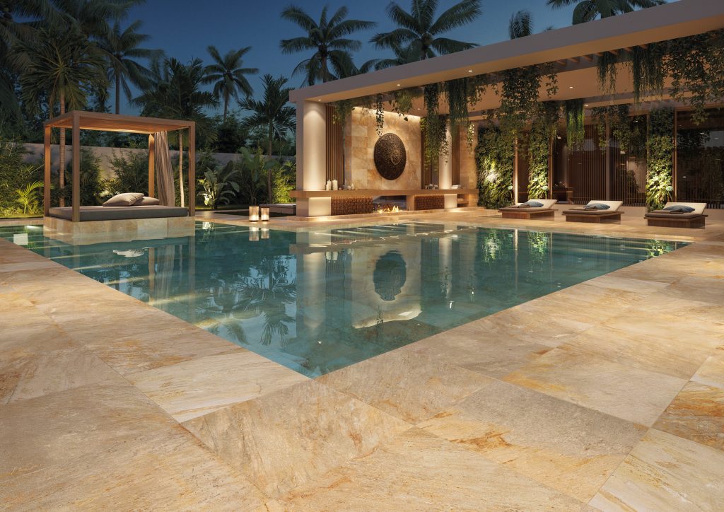 Carrelage antidérapant R11 confortable pieds nus pour sécurité autour de la piscine