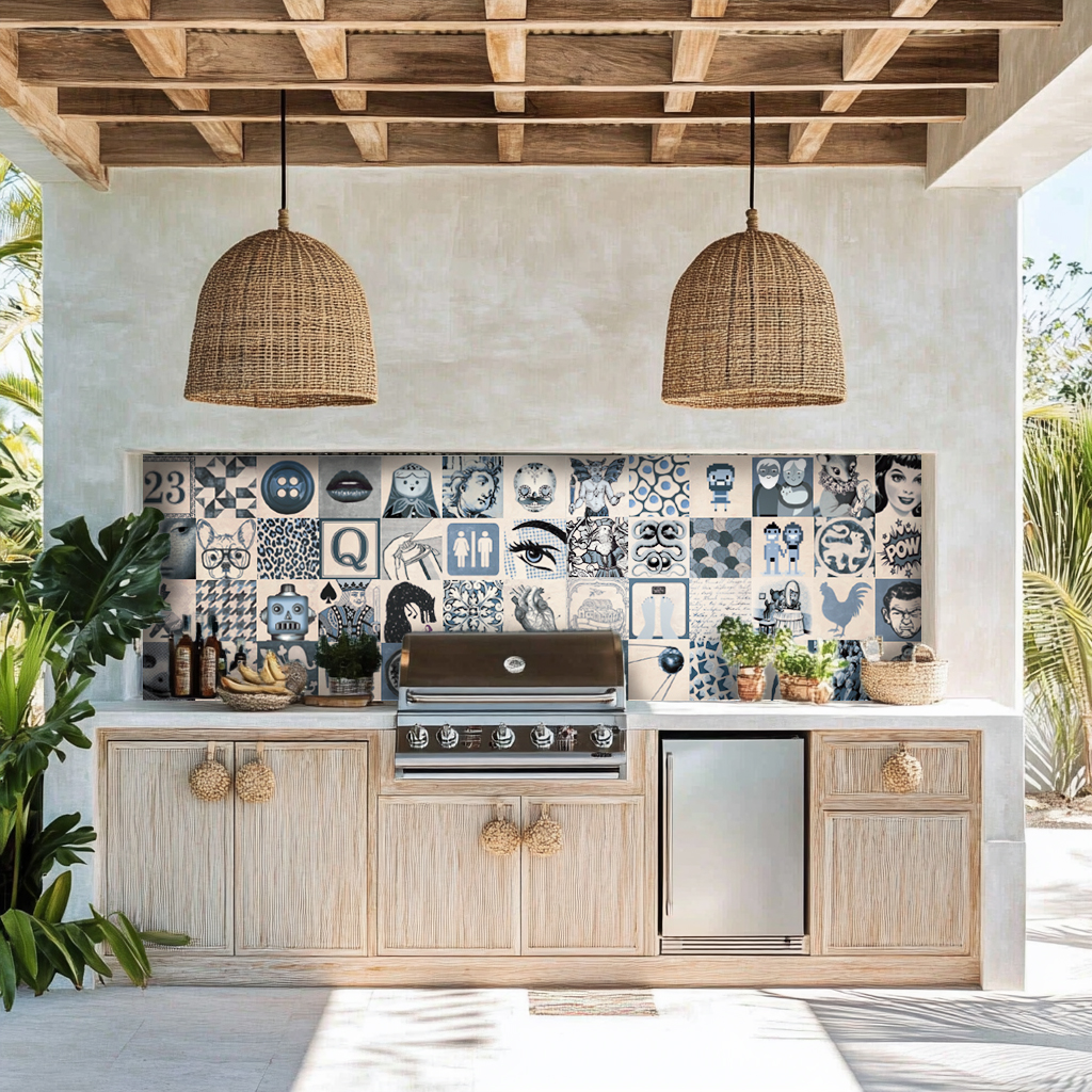 Carrelage cuisine d'été style méditerranéen avec crédence carreaux Indigo de Novoceram