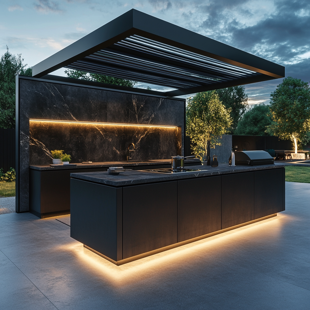 Cuisine d'été moderne avec ligne épuré et carrelage effet béton