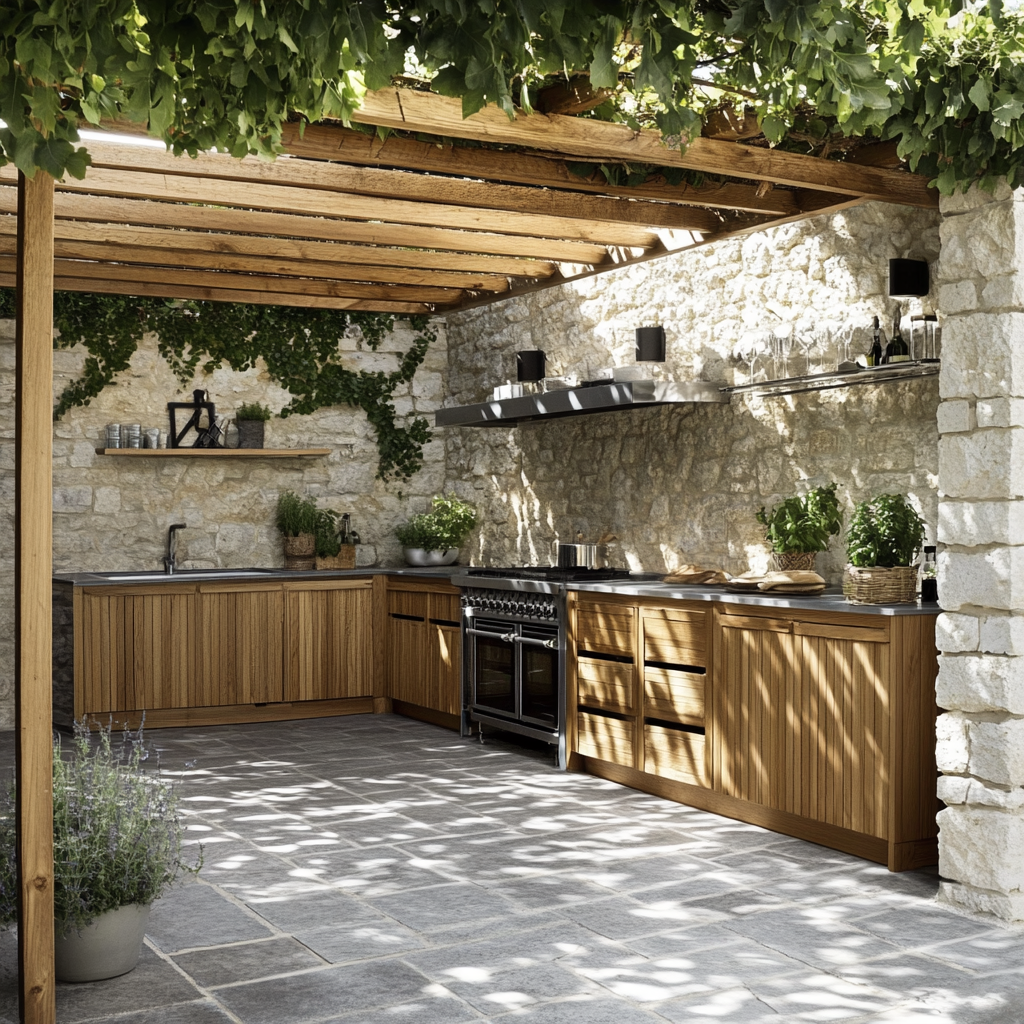 Cuisine d'été sous un pergola avec sol en dalle de pierre et meuble en bois