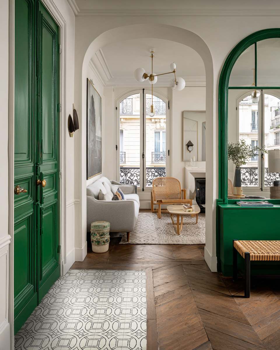 Tapis d'entrée en carrelage aspect carreaux de ciment associé au parquet en pose pointe de hongrie - Porte verte et mur blanc