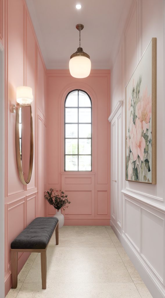 Couloir rose avec carrelage aspect beton ivoire 80x80 Otto de Novoceram