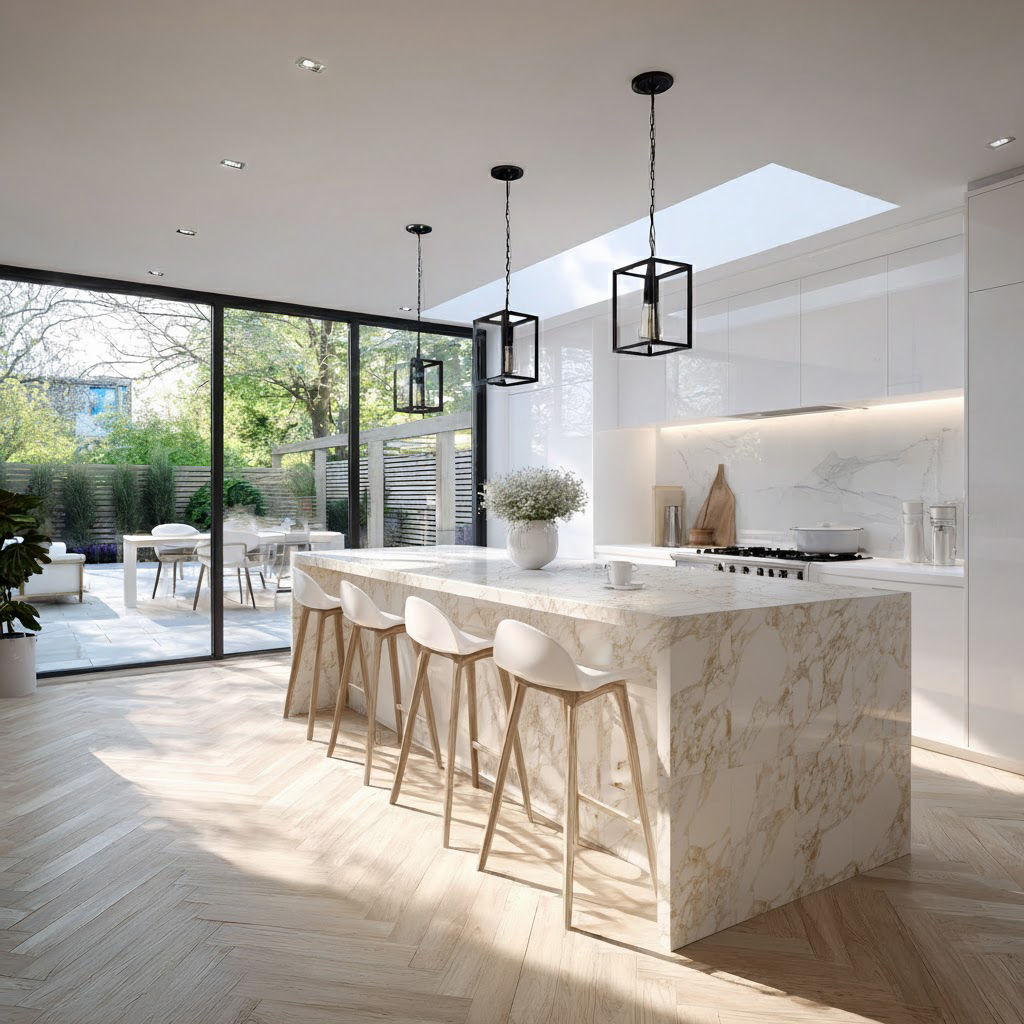 Carrelage aspect marbre pour îlot central de cuisine