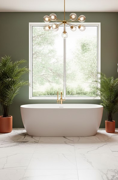 Carrelage effet marbre blanc salle de bain colorée