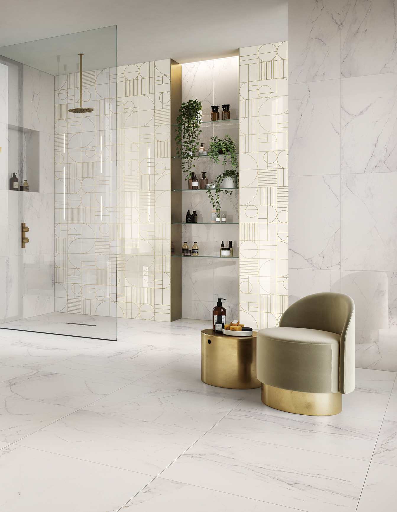 Salle de bain inspiration luxe carrelage effet marbre  blanc Adage Novoceram