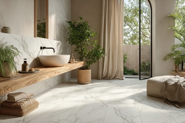 Salle de bain style japandi avec carrelage effet marbre et bois - Adage Novoceram