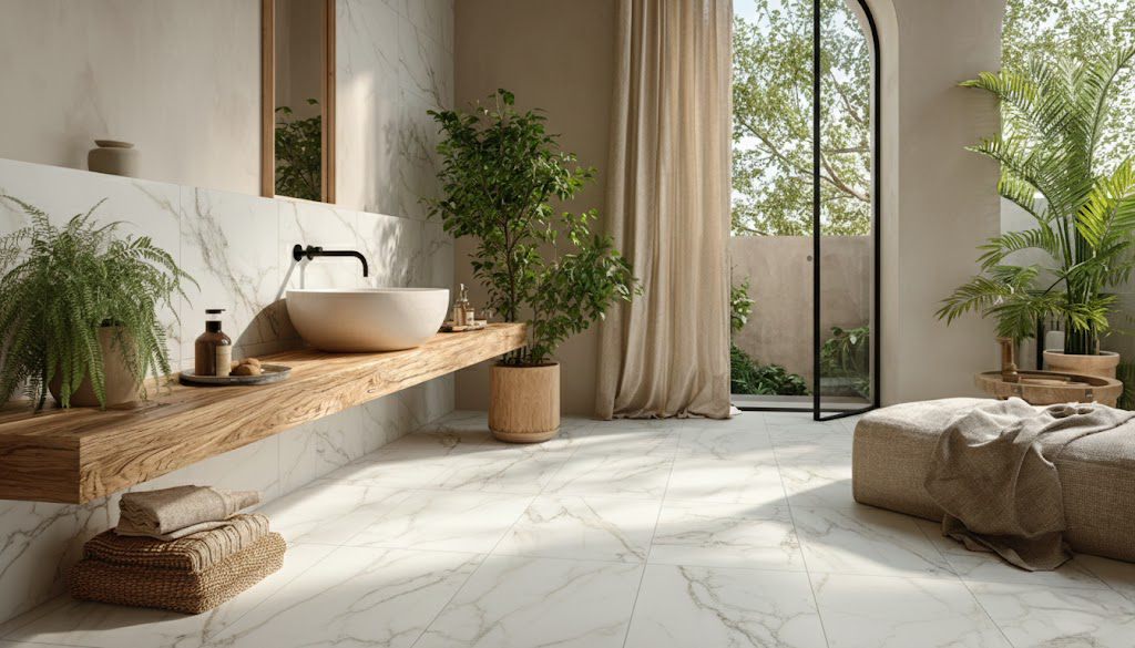 Salle de bain style japandi avec carrelage effet marbre et bois - Adage Novoceram