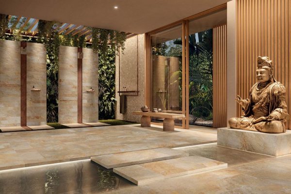 Design biophilique avec carrelage effet pierre