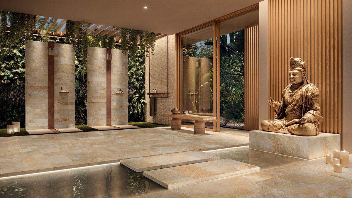 Design biophilique avec carrelage effet pierre